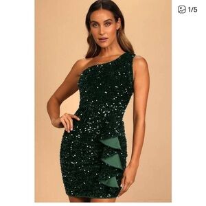 Lulu's Dark Green Sequin One-Shoulder Dress